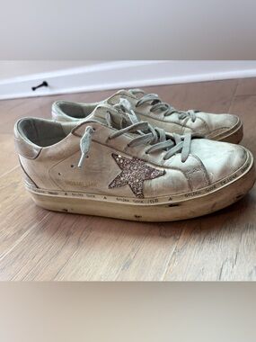 Golden Goose Hi Star Women’s White Leather Sneakers with Pink Sparkle Star